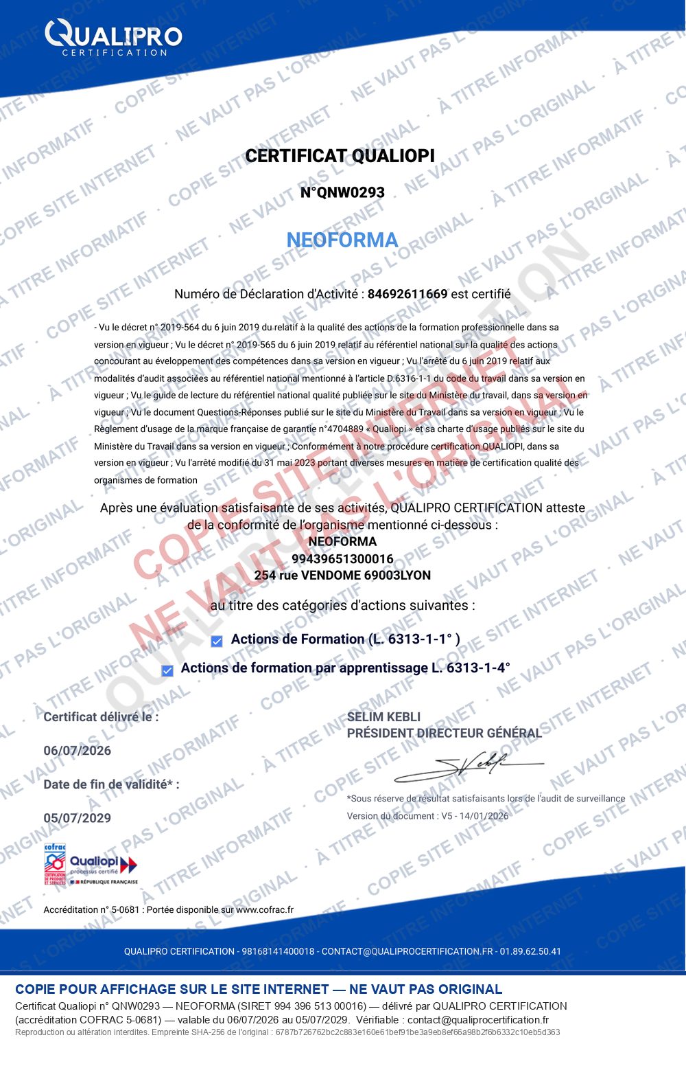 Certificat Qualiopi n° QNW0293 de NEOFORMA, délivré par QUALIPRO CERTIFICATION — copie filigranée pour affichage en ligne